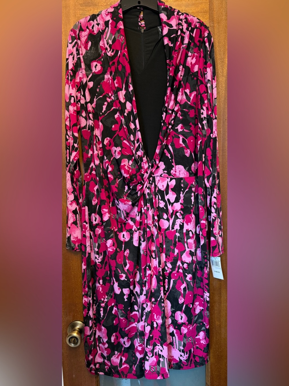 MYNT 1792 Pink Black Abstract Floral Faux Wrap Long Sleeve Plus Dress- 1X